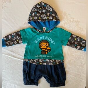 Bape Kids Teal & Black Long-Sleeve Hooded One-Piece Bodysuit